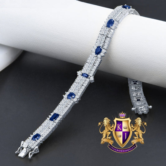 14k White Gold Over Real Sterling Silver 10 Cwt. Sapphire Blue Round /Princess Cut Diamond Unisex Tennis Link Bracelet