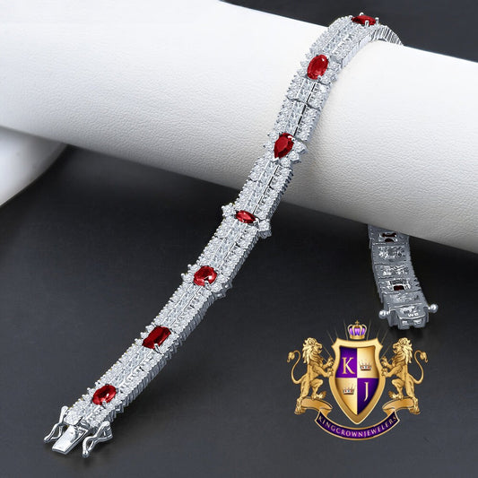 14k White Gold Over Real Sterling Silver 10 Cwt. Ruby Red Round /Princess Cut Diamond Unisex Tennis Link Bracelet