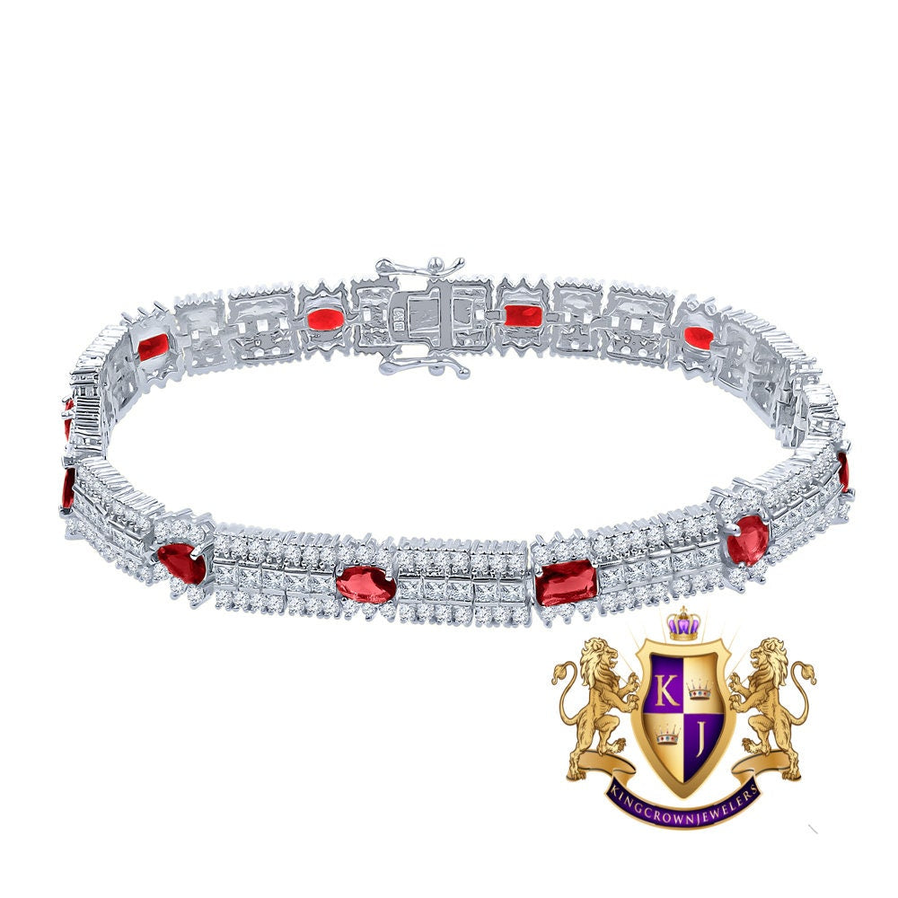 14k White Gold Over Real Sterling Silver 10 Cwt. Ruby Red Round /Princess Cut Diamond Unisex Tennis Link Bracelet