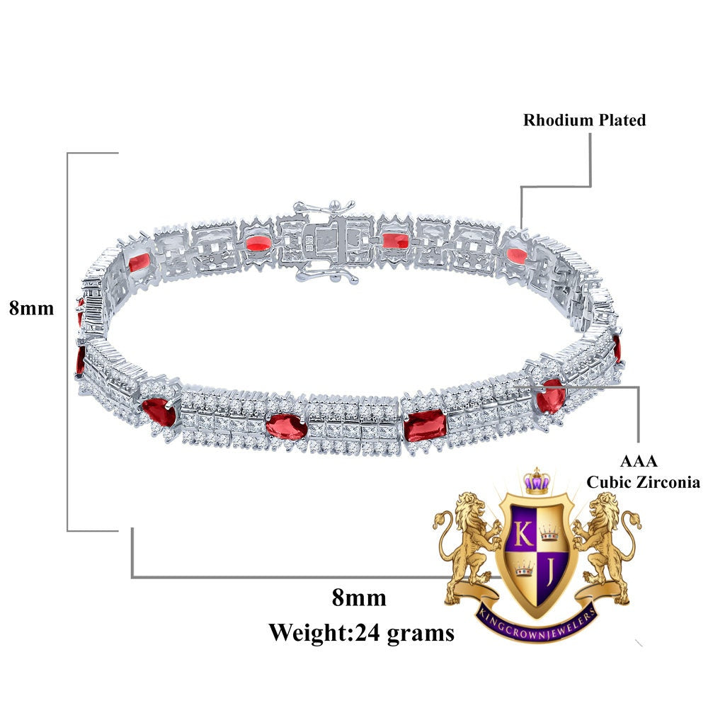 14k White Gold Over Real Sterling Silver 10 Cwt. Ruby Red Round /Princess Cut Diamond Unisex Tennis Link Bracelet