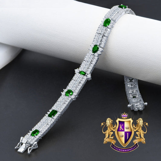 14k White Gold Over Real Sterling Silver 10 Cwt. Emerald Green Round /Princess Cut Diamond Unisex Tennis Link Bracelet