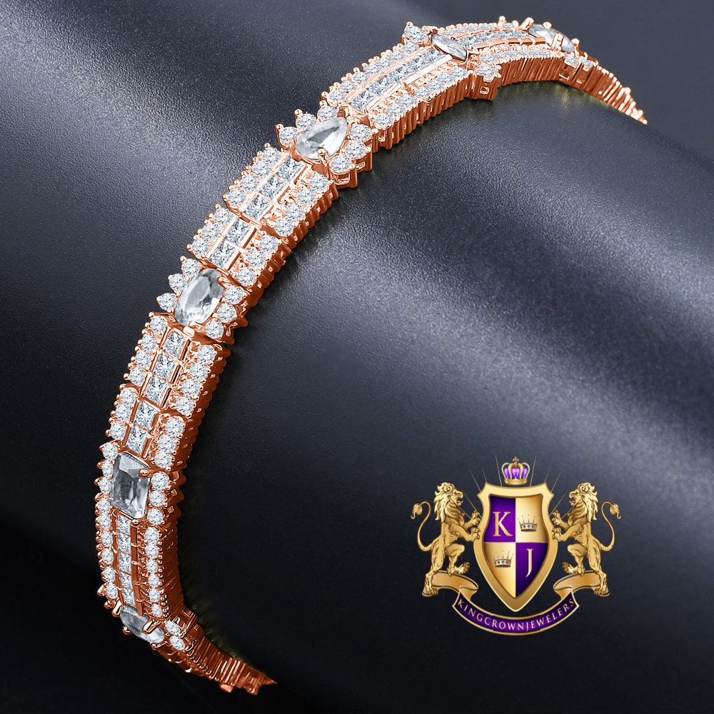 14k Rose Gold Over Real Sterling Silver 10 Cwt. Round /Princess Cut Diamond Unisex Tennis Link Bracelet