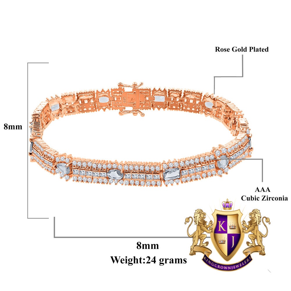 14k Rose Gold Over Real Sterling Silver 10 Cwt. Round /Princess Cut Diamond Unisex Tennis Link Bracelet