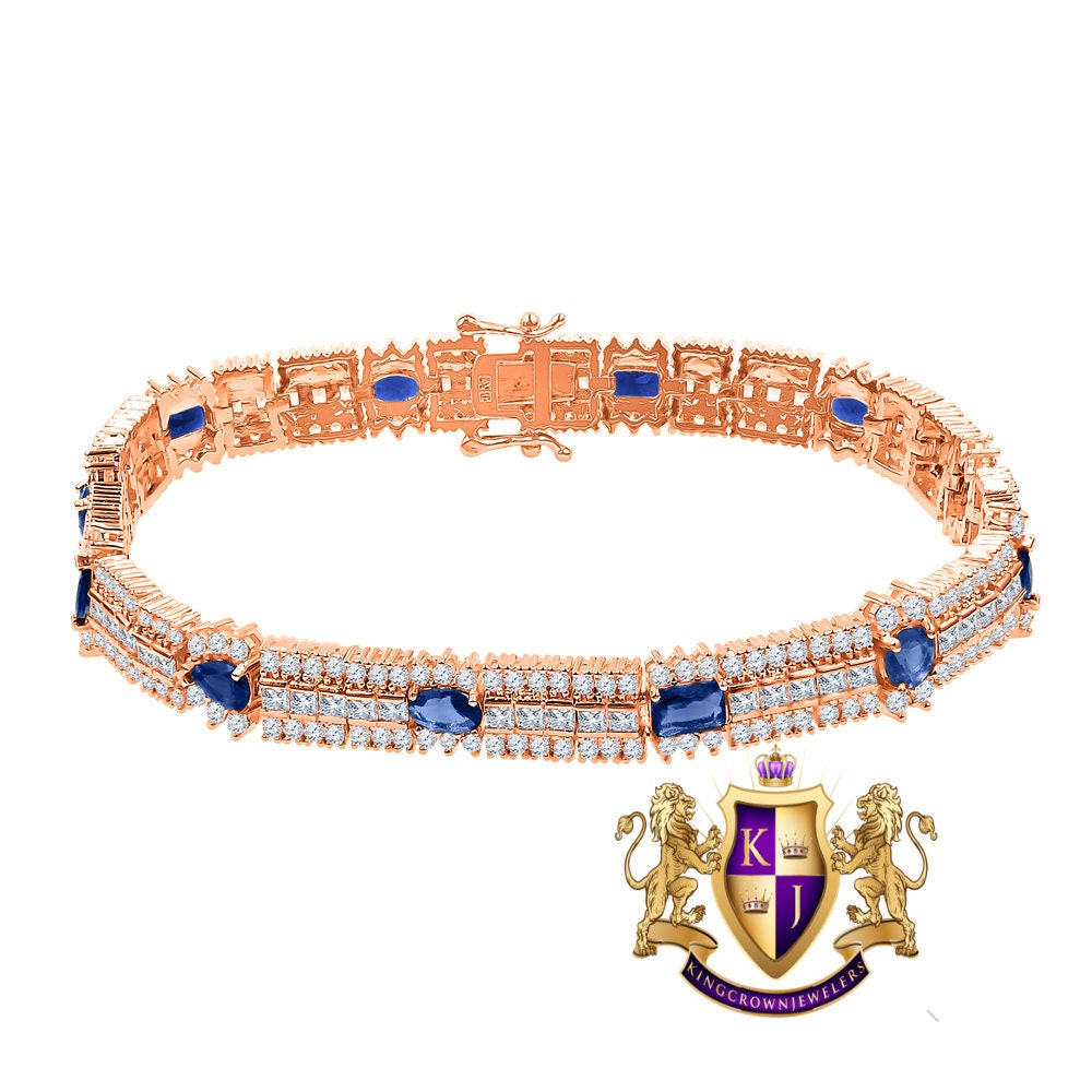 14k Rose Gold Over Real Sterling Silver 10 Cwt. Sapphire Blue Round /Princess Cut Diamond Unisex Tennis Link Bracelet