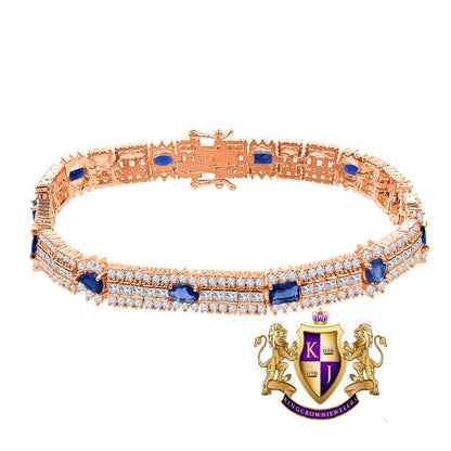 14k Rose Gold Over Real Sterling Silver 10 Cwt. Sapphire Blue Round /Princess Cut Diamond Unisex Tennis Link Bracelet