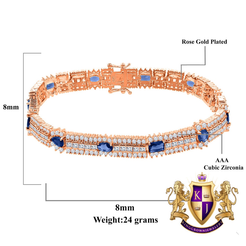 14k Rose Gold Over Real Sterling Silver 10 Cwt. Sapphire Blue Round /Princess Cut Diamond Unisex Tennis Link Bracelet