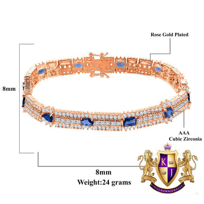 14k Rose Gold Over Real Sterling Silver 10 Cwt. Sapphire Blue Round /Princess Cut Diamond Unisex Tennis Link Bracelet