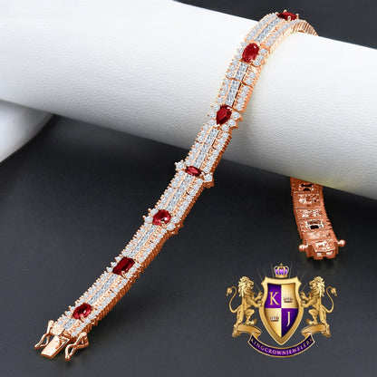 14k Rose Gold Over Real Sterling Silver 10 Cwt. Ruby Red Round /Princess Cut Diamond Unisex Tennis Link Bracelet