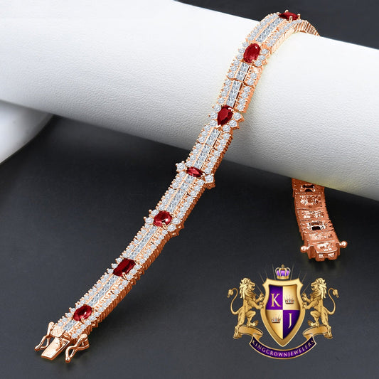 14k Rose Gold Over Real Sterling Silver 10 Cwt. Ruby Red Round /Princess Cut Diamond Unisex Tennis Link Bracelet