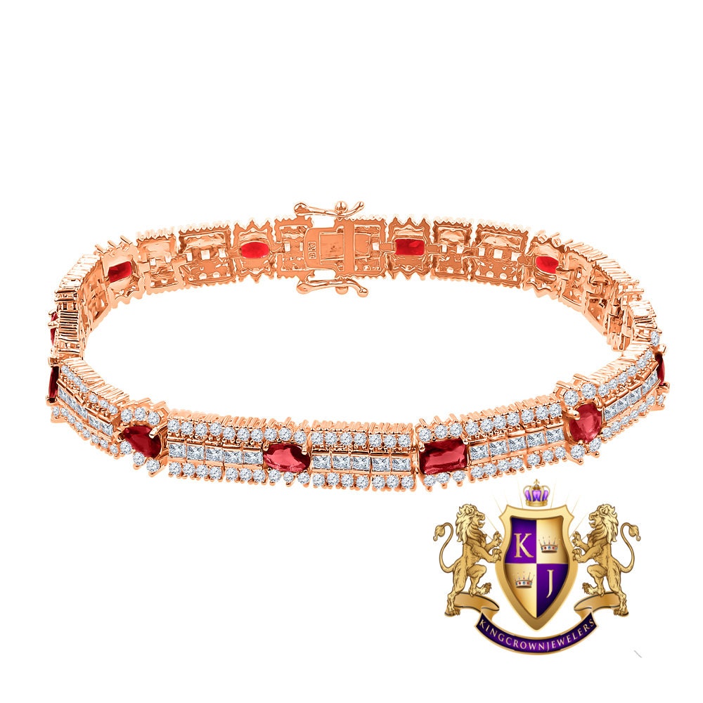 14k Rose Gold Over Real Sterling Silver 10 Cwt. Ruby Red Round /Princess Cut Diamond Unisex Tennis Link Bracelet