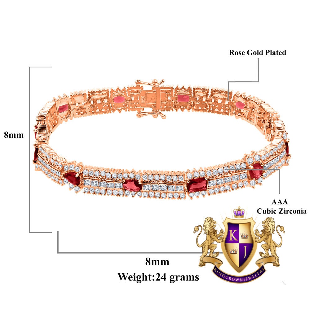 14k Rose Gold Over Real Sterling Silver 10 Cwt. Ruby Red Round /Princess Cut Diamond Unisex Tennis Link Bracelet