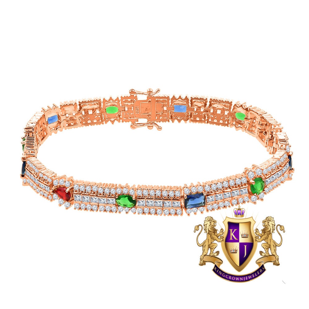 14k Rose Gold Over Real Sterling Silver 10 Cwt. Rainbow Multi Round /Princess Cut Diamond Unisex Tennis Bracelet