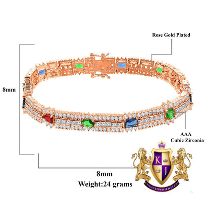 14k Rose Gold Over Real Sterling Silver 10 Cwt. Rainbow Multi Round /Princess Cut Diamond Unisex Tennis Bracelet