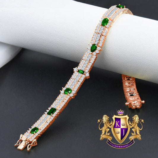 14k Rose Gold Over Real Sterling Silver 10 Cwt. Emerald Green Round /Princess Cut Diamond Unisex Tennis Link Bracelet