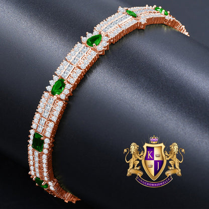 14k Rose Gold Over Real Sterling Silver 10 Cwt. Emerald Green Round /Princess Cut Diamond Unisex Tennis Link Bracelet