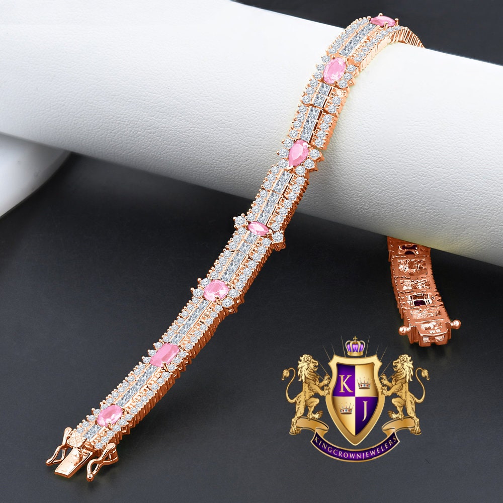 Soft Baby Pink 14k Rose Gold Over Real Sterling Silver 10 Cwt. Round /Princess Cut Diamond Unisex Tennis Link Bracelet