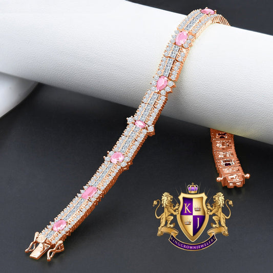 Soft Baby Pink 14k Rose Gold Over Real Sterling Silver 10 Cwt. Round /Princess Cut Diamond Unisex Tennis Link Bracelet
