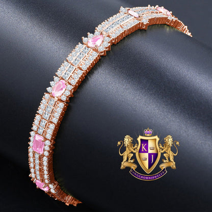 Soft Baby Pink 14k Rose Gold Over Real Sterling Silver 10 Cwt. Round /Princess Cut Diamond Unisex Tennis Link Bracelet