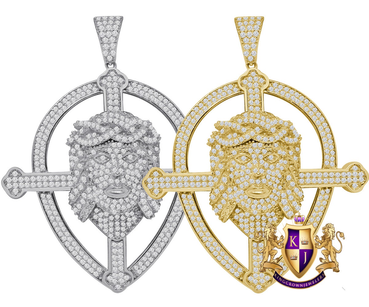 Men's Real Genuine Sterling Silver 14K Gold Finish Simulated Diamonds Jesus Piece Cross Charm Pendent 2.25''
