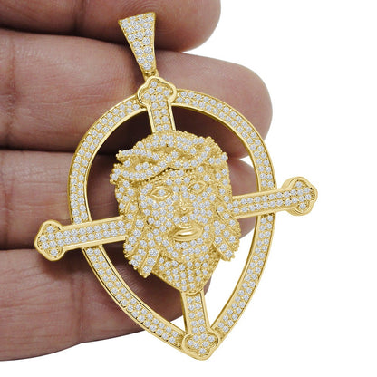 Men's Real Genuine Sterling Silver 14K Gold Finish Simulated Diamonds Jesus Piece Cross Charm Pendent 2.25''