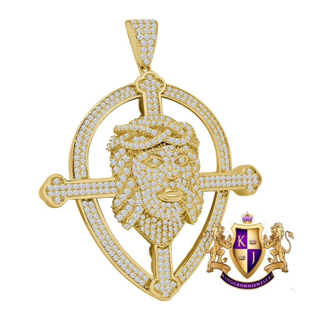 Men's Real Genuine Sterling Silver 14K Gold Finish Simulated Diamonds Jesus Piece Cross Charm Pendent 2.25''