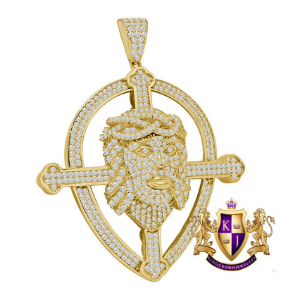 Men's Real Genuine Sterling Silver 14K Gold Finish Simulated Diamonds Jesus Piece Cross Charm Pendent 2.25''