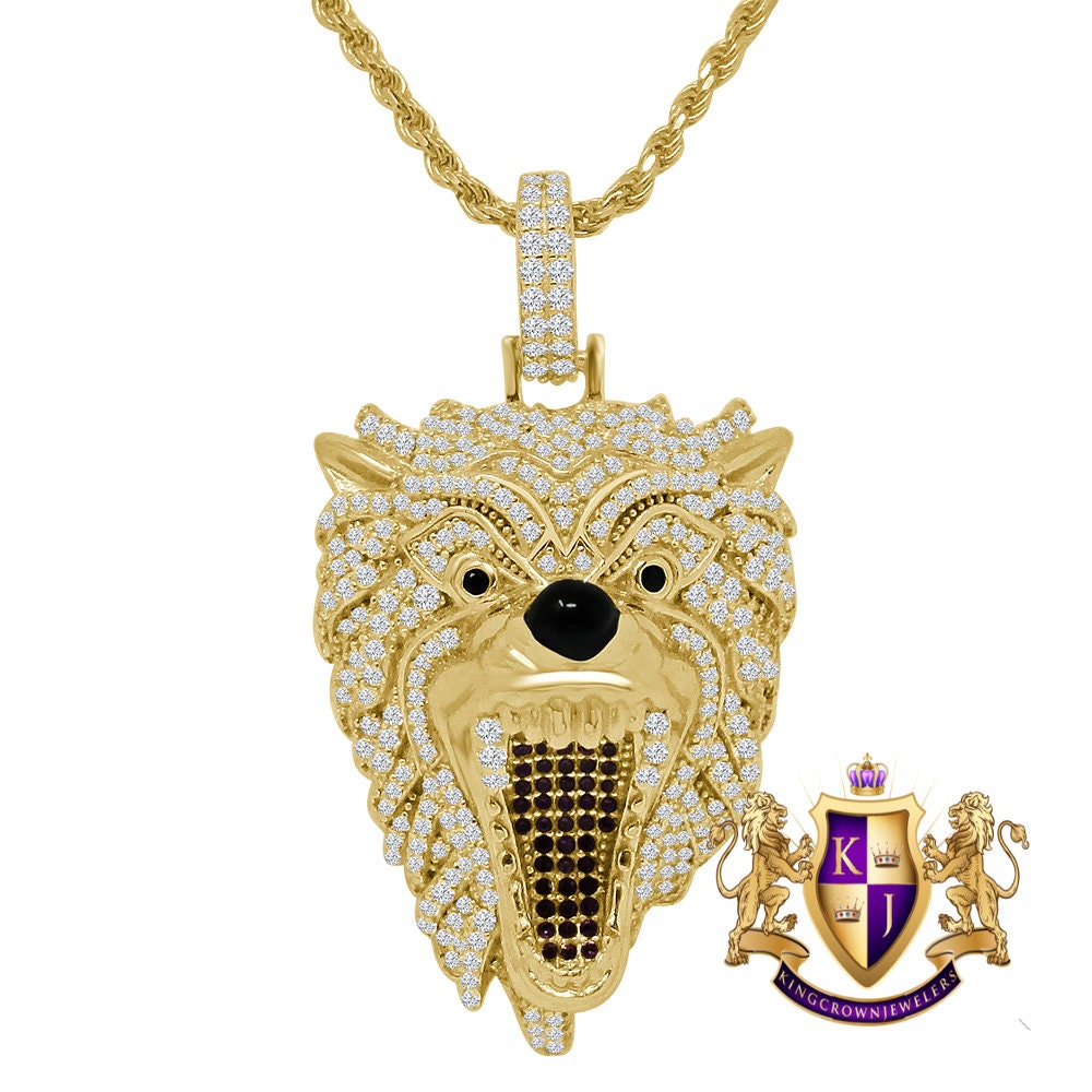Men's Genuine Real sterling Silver 14K Gold Finish Simulated Diamonds Wild Wolf Snarling Animal Charm Pendent Chain Set 2.25''