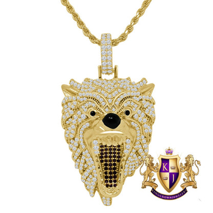 Men's Genuine Real sterling Silver 14K Gold Finish Simulated Diamonds Wild Wolf Snarling Animal Charm Pendent Chain Set 2.25''