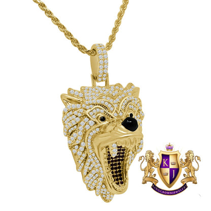 Men's Genuine Real sterling Silver 14K Gold Finish Simulated Diamonds Wild Wolf Snarling Animal Charm Pendent Chain Set 2.25''