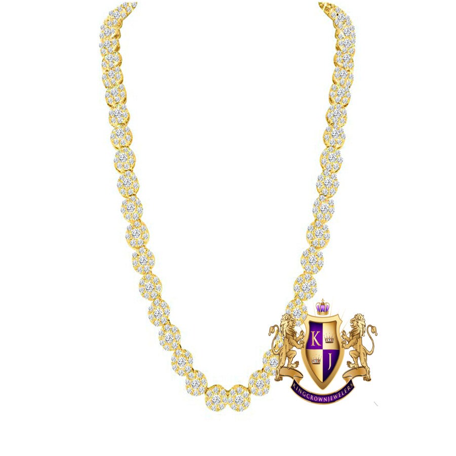 Men's Ladies 14K Yellow Gold Finish Solitaire Simulated Diamonds 4mm Flower Cluster Chain Neckless