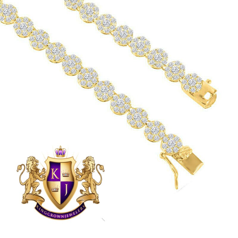 Men's Ladies 14K Yellow Gold Finish Solitaire Simulated Diamonds 4mm Flower Cluster Chain Neckless