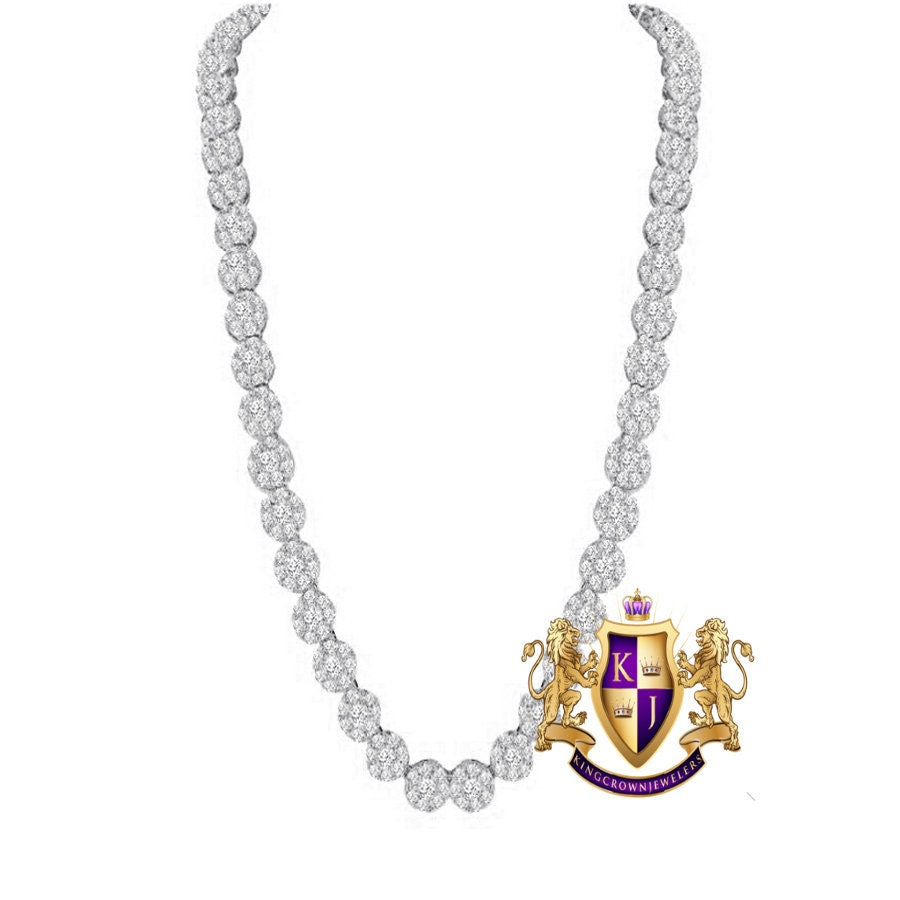 Men's Ladies 14K White Gold Finish Solitaire Simulated Diamonds 4mm Flower Cluster Chain Neckless