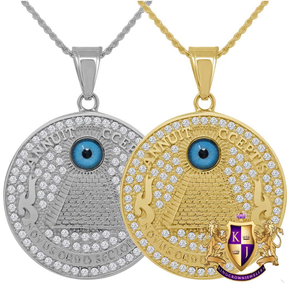 Stainless Steel 18K Gold Finish Masonic Annuit cœptis Eye of Providence Illuminati Pendent Charm Medallion Chain Set