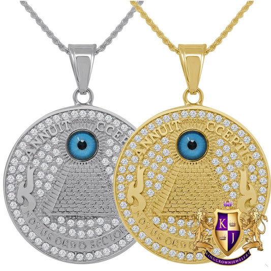 Stainless Steel 18K Gold Finish Masonic Annuit cœptis Eye of Providence Illuminati Pendent Charm Medallion Chain Set