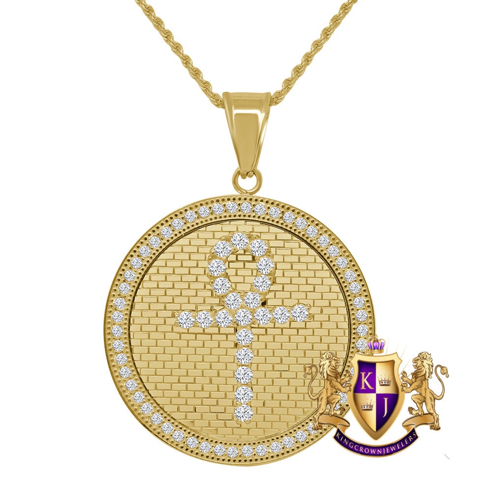 Solid Stainless Steel 18K Gold Finish Egyptian Ankh Cross Pendent Charm Medallion Chain Set