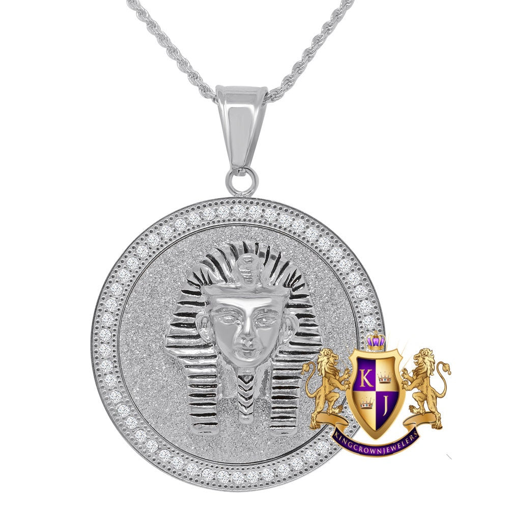 Solid Stainless Steel 18K Gold Finish Egyptian King Tut Pharaoh Pendent Religious Charm Medallion Chain Set