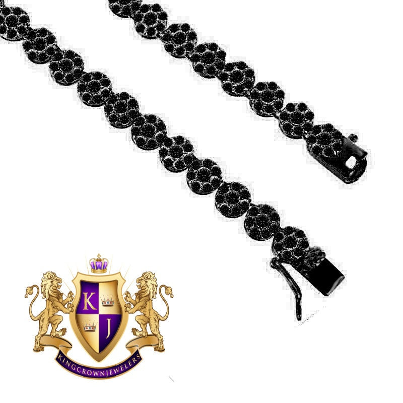 High Quality AAA+ Grade Cubic Zirconia 14K Black Gold Finish 7 mm 16.75 Cwt. Simulated Diamond Unisex Flower Cluster Link Chain Neckless