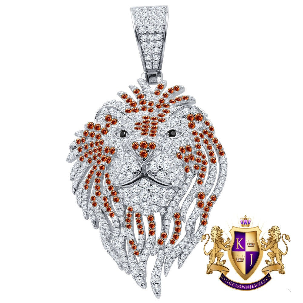 25+ Grams Real Genuine Sterling Silver 2.75 Cwt. Simulated Diamond 14K White Gold Finish Lion Head Men's Charm Pendant Chain Neckless Set