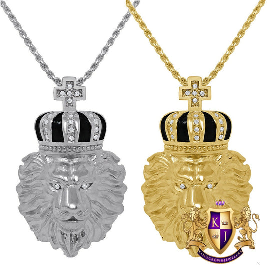 Solid Stainless Steel 18K Gold Finish Lion Head Crown Face Pendent Cross Charm Chain Set