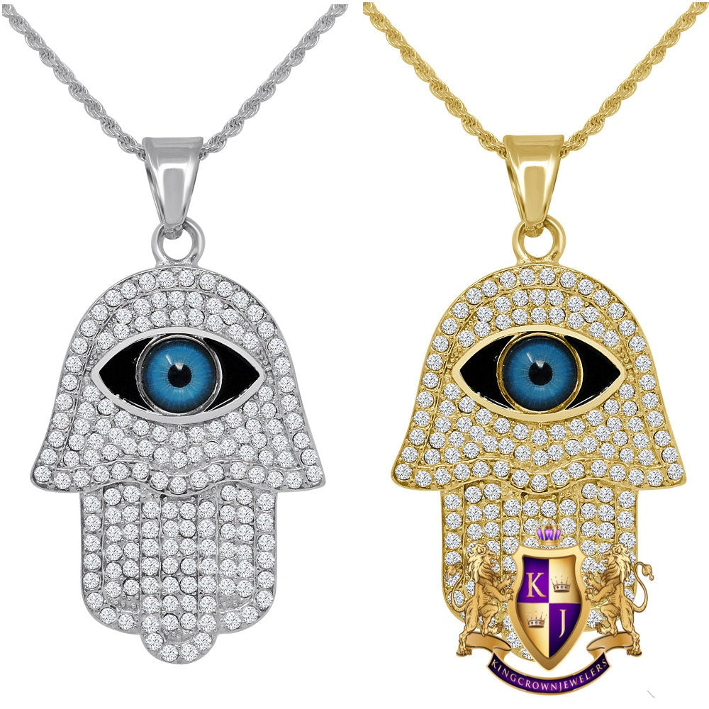 Men's Solid Stainless Steel 18K Gold Finish Hamsa Hand Evil Eye Pendent Charm Chain Set 2.30''