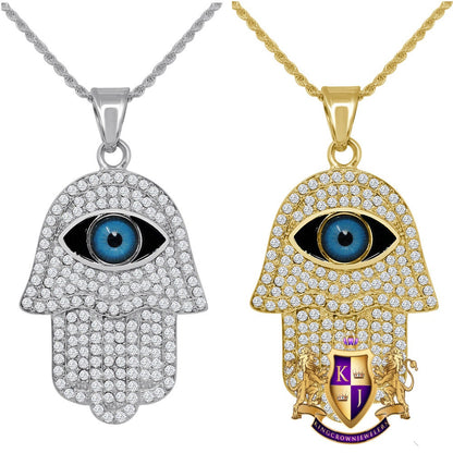 Men's Solid Stainless Steel 18K Gold Finish Hamsa Hand Evil Eye Pendent Charm Chain Set 2.30''