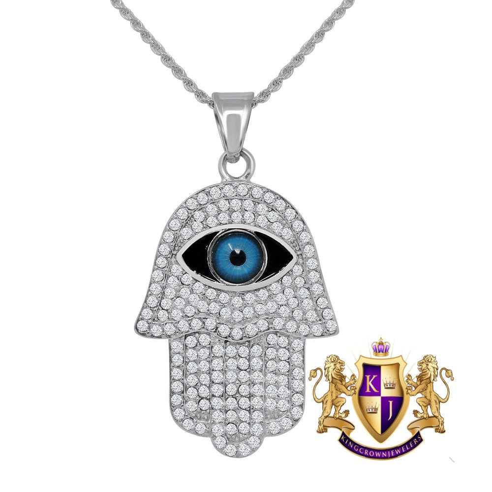 Men's Solid Stainless Steel 18K Gold Finish Hamsa Hand Evil Eye Pendent Charm Chain Set 2.30''
