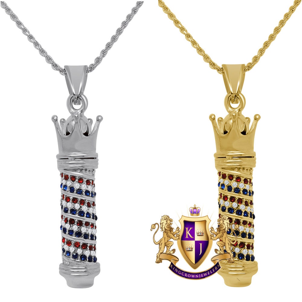 Men's Solid Stainless Steel 18K Gold Finish Barber Shop Pole Crown Pendent Charm Chain Set 2.50''