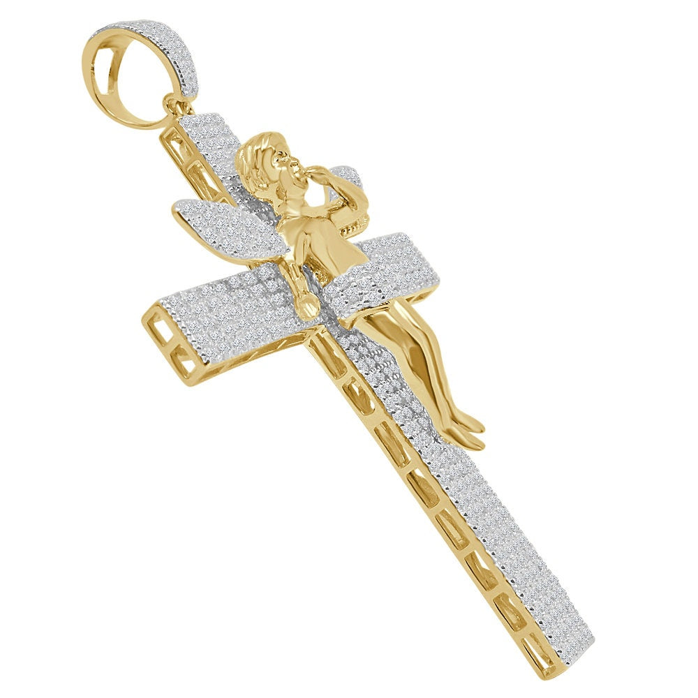 Custom Piece Big XL 3.75'' Real Yellow Gold Sterling Silver Simulated Diamond Angel Cross Pendent Charm
