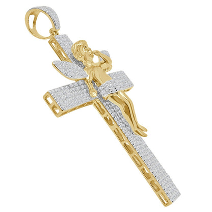 Custom Piece Big XL 3.75'' Real Yellow Gold Sterling Silver Simulated Diamond Angel Cross Pendent Charm