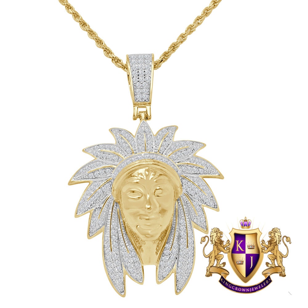 22+ Grams Real Sterling Silver 2.00 Ct. Simulated Diamond Native American Indian Head Apache King 14K Gold On Unisex Charm Pendent Chain Set