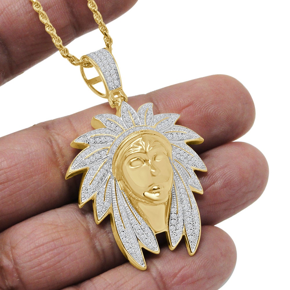 22+ Grams Real Sterling Silver 2.00 Ct. Simulated Diamond Native American Indian Head Apache King 14K Gold On Unisex Charm Pendent Chain Set