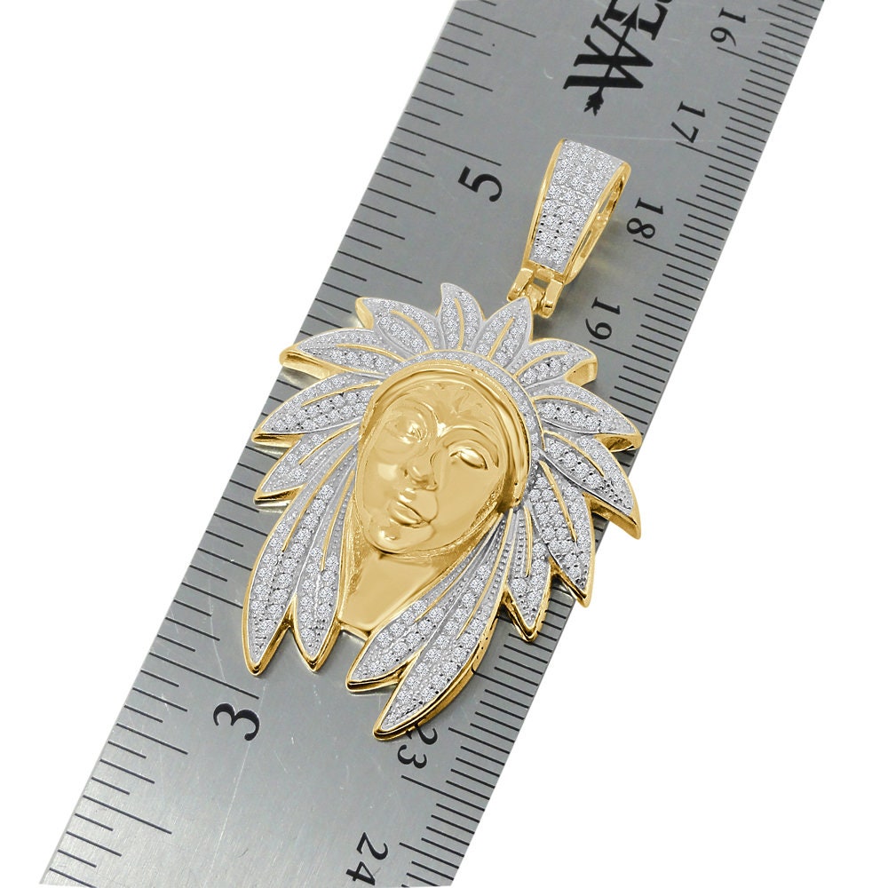 22+ Grams Real Sterling Silver 2.00 Ct. Simulated Diamond Native American Indian Head Apache King 14K Gold On Unisex Charm Pendent Chain Set