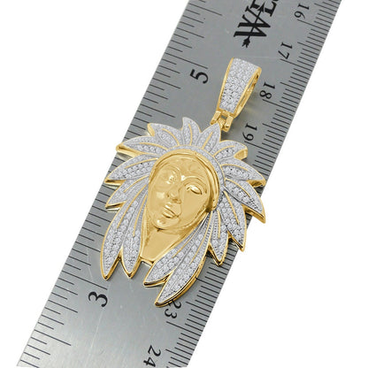 22+ Grams Real Sterling Silver 2.00 Ct. Simulated Diamond Native American Indian Head Apache King 14K Gold On Unisex Charm Pendent Chain Set