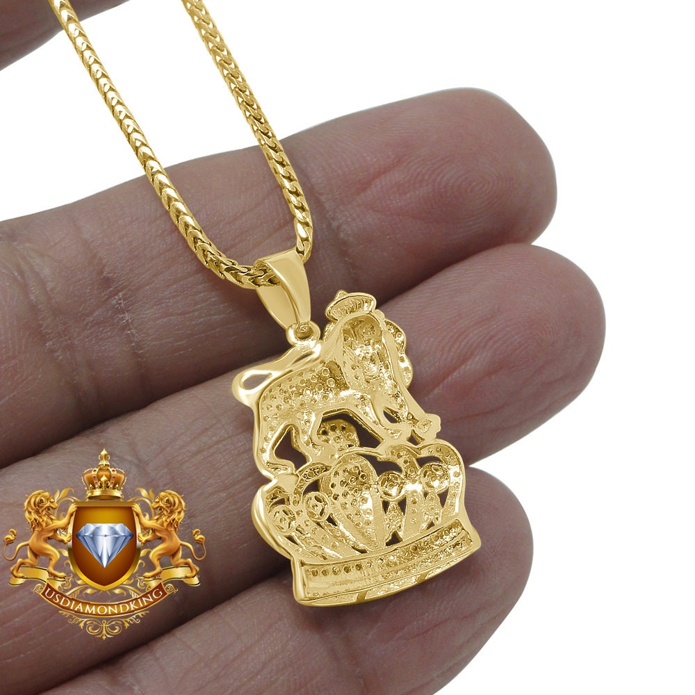 Real Genuine Authentic Diamond 0.52 Cwt. Lion King Crown Unisex Pendant 10K Solid Gold Finish Charm Chain Neckless Set Mini Small 1.10''